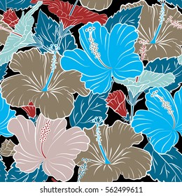 Vector seamless pattern of tropical hibiscus flowers in red and blue colors with watercolor effect on black background.