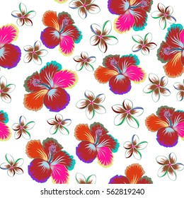 Vector seamless pattern of tropical hibiscus flowers in violet and green colors with watercolor effect on white background.