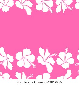 Vector seamless pattern of tropical hibiscus flowers horizontal with copy space (place for your text) in pink and white colors and watercolor effect.