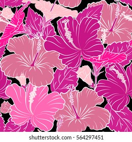 Vector seamless pattern of tropical hibiscus flowers, dense jungle. Hand painted. Pattern in magenta and pink colors with tropic summertime motif may be used as texture, wrapping paper, textile design