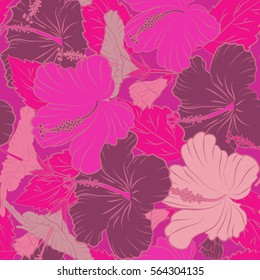 Vector seamless pattern of tropical hibiscus flowers in magenta, purple and pink colors with watercolor effect.