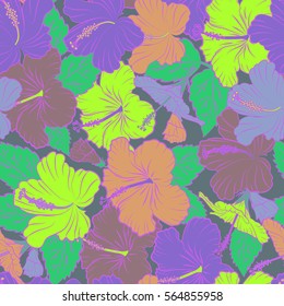 Vector seamless pattern of tropical hibiscus flowers in pink, violet and green colors with watercolor effect.