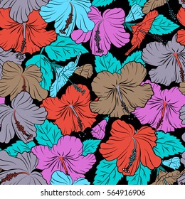 Vector seamless pattern of tropical hibiscus flowers in blue, violet and orange colors with watercolor effect on black background.