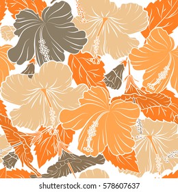 Vector seamless pattern of tropical hibiscus flowers in beige and orange colors with watercolor effect on white background.