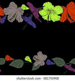 Vector seamless pattern of tropical hibiscus flowers horizontal with copy space (place for your text) in green, violet and purple colors and watercolor effect.