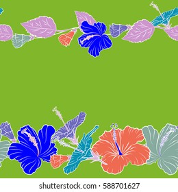 Vector seamless pattern of tropical hibiscus flowers with copy space (place for your text) in orange, blue and violet colors and watercolor effect.