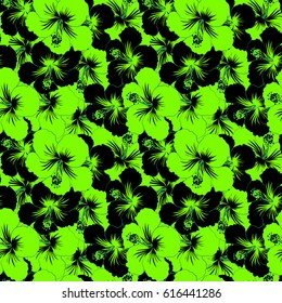 Vector seamless pattern of tropical hibiscus flowers, dense jungle. Hand painted. Pattern in black and green colors with tropic summertime motif may be used as texture, wrapping paper, textile design.