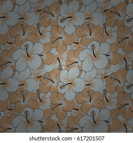 Vector seamless pattern of tropical hibiscus flowers in beige and gray colors with watercolor effect.