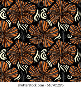 Vector seamless pattern of tropical hibiscus flowers in gray, beige and orange colors with watercolor effect on black background.