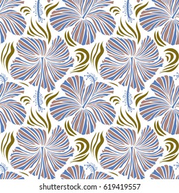 Vector seamless pattern of tropical hibiscus flowers in blue and brown colors with watercolor effect on white background.