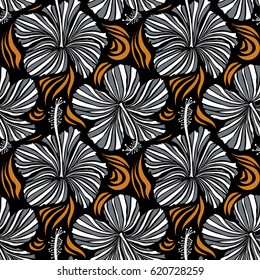 Vector seamless pattern of tropical hibiscus flowers in gray and orange colors with watercolor effect on black background.