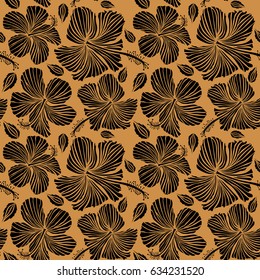 Vector seamless pattern of tropical hibiscus flowers, dense jungle. Hand painted. Pattern in black color with tropic summertime motif may be used as texture, wrapping paper, textile design.