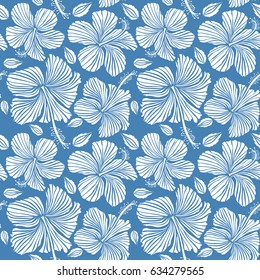 Vector seamless pattern of tropical hibiscus flowers in white color with watercolor effect on blue background.