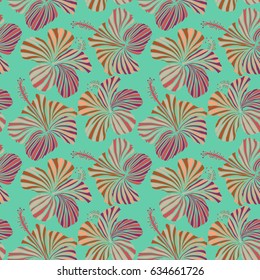 Vector seamless pattern of tropical hibiscus flowers in orange, purple and pink colors with watercolor effect.