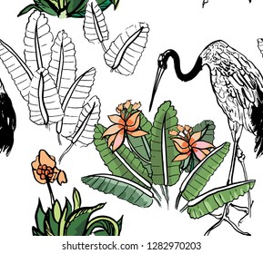 Vector Seamless Pattern Tropical Jungle Exotic Birds Chinese Cranes in Tropics with Blooming Bushes