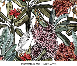 Vector Seamless Pattern Tropical Jungle Forest with Pink Blooming Flowers and Exotic Bird Crane in Indian Style Multicolor