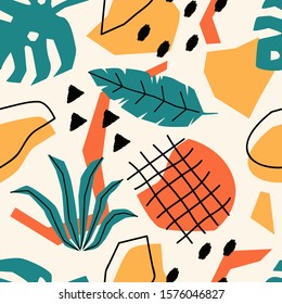 Vector seamless pattern with tropical jungle leaves, plants, various geometrical shapes. Abstract trendy background with patchwork 