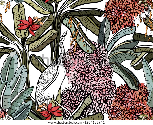 Vector Seamless Pattern Tropical Jungle Forest with Pink Blooming Flowers and Exotic Bird Crane in Indian Style Multicolor