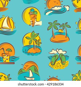 Vector seamless pattern with tropical landscape and summer paradise