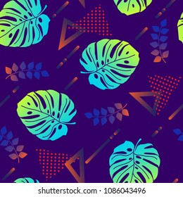 Vector seamless pattern with tropical leaves on colorful geometrical background in Memphis style.Vector illustration for fabric, textile, wrapping paper and other decoration design.