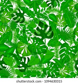 Vector seamless pattern with tropical leaves. Cute bright and fun summer floral background. Jungle leaf, exotic palm leaves. Vector illustration.