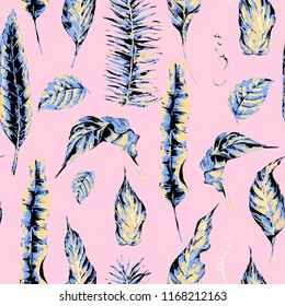 Vector seamless pattern of tropical leaves, botanical natural vintage illustration on pink background