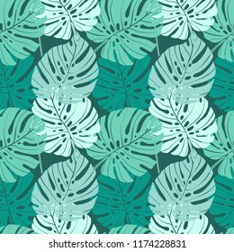 Vector seamless pattern with tropical leaves. Monstera leaves silhouettes green color. Jungle floral repeatable background.
