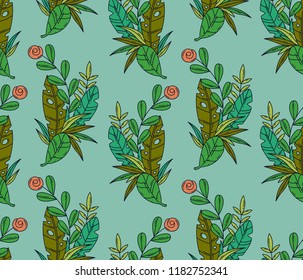 Vector seamless pattern of tropical leaves and flower.
