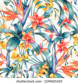 Vector seamless pattern of tropical leaves, vintage floral tropical natural elements. Exotic flowers, twigs and leaves. Botanical background