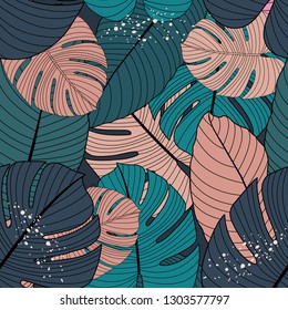 Vector seamless pattern with tropical leaves