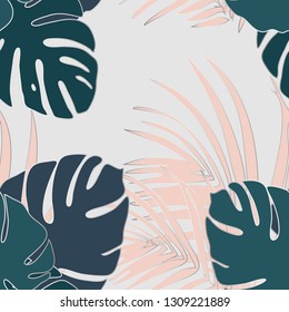 Vector seamless pattern with tropical leaves in silver, pink and blue colors
