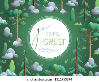 Vector seamless pattern of tropical leaves. Go to the forest. Coniferous trees and bushes are on dark background. Pines, spruces, cypress, stones and grass. Flat vector background with grain texture.