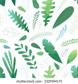 Vector seamless pattern of tropical leaves. Green leaves and grass on white background. Filled and linear. Flat illustration with modern grain texture, lights and shadows.