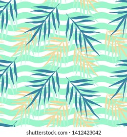 Vector seamless pattern with tropical leaves on green wavy backdrop. Botanical fashion background. For design banners, wrapping paper, print on clothes, wallpaper, textile.