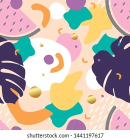 Vector seamless pattern with tropical leaves and fruits