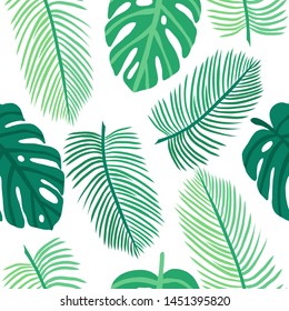 Vector seamless pattern with tropical leaves. Exotic plants:monstera, banana, palm. Perfect for background, Wallpaper, textile and wrapping paper. hand-drawn flat illustration