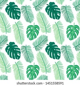 Vector seamless pattern with tropical leaves. Exotic plants: monstera, banana, palm. Perfect for background, Wallpaper, textile and wrapping paper. hand-drawn flat illustration