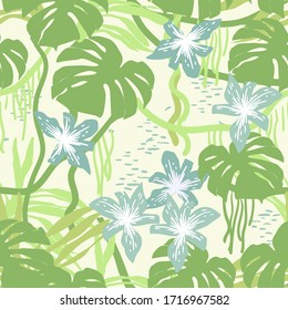 Vector seamless pattern with tropical leaves and flowers. Trendy style.