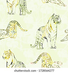 Vector seamless pattern with tropical leaves and tigers. Trendy style.
