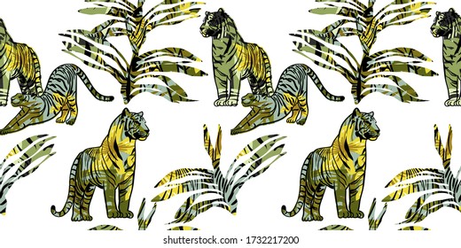 Patrón vectorial sin fisuras con hojas y tigres tropicales. Estilo de moda.