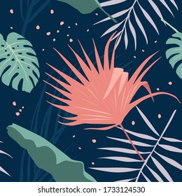 Vector seamless pattern with tropical leaves. Summer composition with foliage on the dark blue background.