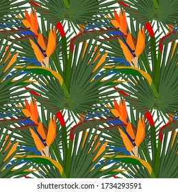 Vector seamless pattern of tropical leaves, floral tropical natural elements. Exotic flowers, twigs and leaves. Botanical background for printing on fabric, clothes, bedding, wrapping paper.