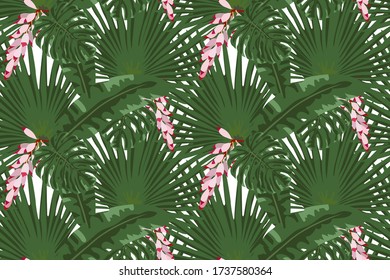 Vector seamless pattern of tropical leaves, floral tropical natural elements. Exotic flowers, twigs and leaves. Botanical background for printing on fabric, clothes, bedding, wrapping paper.