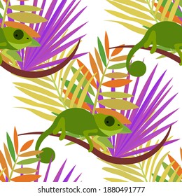 Vector seamless pattern with tropical leaves: palms, monstera, banana. Beautiful allover print with exotic leaves and animals. Swimwear botanical design. Chameleon, toucan. Vector for any purposes