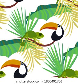 Vector seamless pattern with tropical leaves: palms, monstera, banana. Beautiful allover print with exotic leaves and animals. Swimwear botanical design. Chameleon, toucan. Vector for any purposes