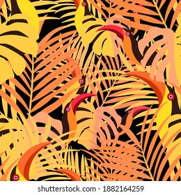 Vector seamless pattern with tropical leaves: palms, monstera, banana. Beautiful allover print with exotic leaves and animals. Swimwear botanical design. Chameleon, toucan. Vector for any purposes