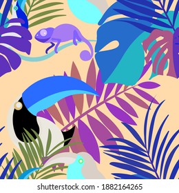 Vector seamless pattern with tropical leaves: palms, monstera, banana. Beautiful allover print with exotic leaves and animals. Swimwear botanical design. Chameleon, toucan. Vector for any purposes