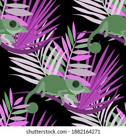 Vector seamless pattern with tropical leaves: palms, monstera, banana. Beautiful allover print with exotic leaves and animals. Swimwear botanical design. Chameleon, toucan. Vector for any purposes