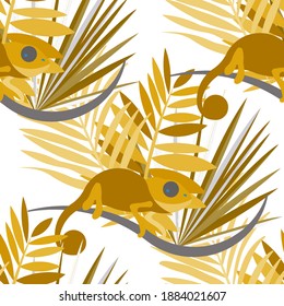 Vector seamless pattern with tropical leaves: palms, monstera, banana. Beautiful allover print with exotic leaves and animals. Swimwear botanical design. Chameleon, toucan. Vector for any purposes