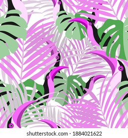 Vector seamless pattern with tropical leaves: palms, monstera, banana. Beautiful allover print with exotic leaves and animals. Swimwear botanical design. Chameleon, toucan. Vector for any purposes